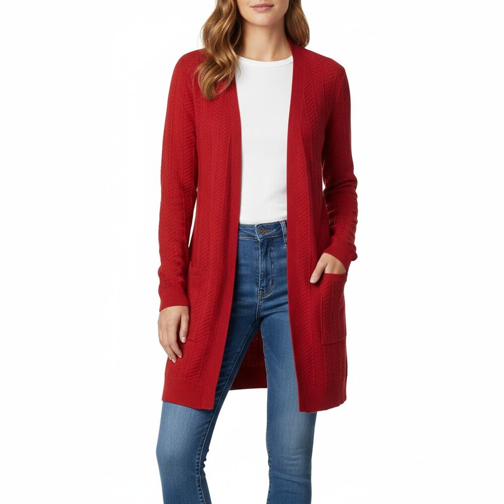 Love Ellie Herringbone Cardigan Women’s XS Red Open Front Long Sleeve NWOT